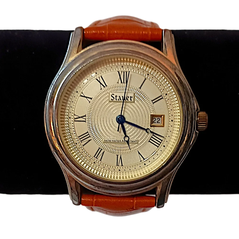 Stauer Metropolitan Watch Mens 39mm Gold Tone Dial Leather Band Date WORKS VIDEO